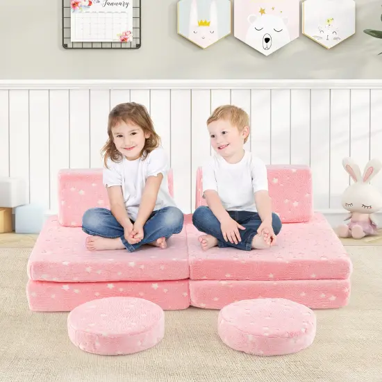 Flannel Kids Play Couch Set and 6-Piece Glow-in-the-Dark Modular Sofa Pink {2}