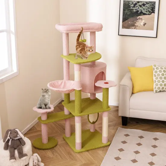 Pink-Green Teddy Plush Cat Tree with Condo, Hammock and Floral Scratching Posts {3}