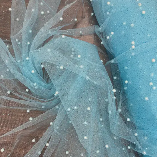 1 Yard Glitter Mesh Fabric with Scattered Pearls 2-Way Stretch 60" Wide Soft Tulle for Gowns, Veils & Couture Projects Sky blue {1}