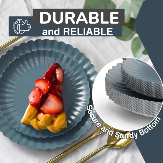 Earthtrends Scalloped Paper Plates 8.5 Inch & 10.5 Inch Dinner Plate Set &ndash; Fancy Disposable Plates for Party, Wedding, Birthday, Baby Shower &ndash; Large & Small Paper Plate Set for Parties, Events, Catering &ndash; ElegantFloral Design Slate Blue {2}