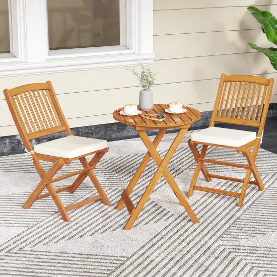 Set of 2 Armless Outdoor Folding Chairs with Seat Cushions and Slatted Backrest Beige {6}