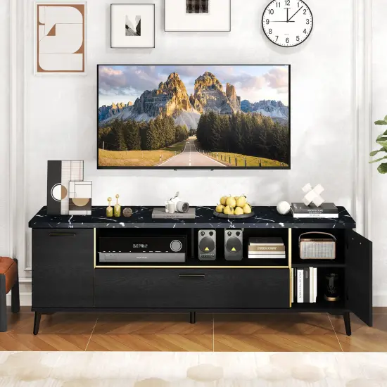 Black Faux Marble TV Stand with Gold Edges, Storage Cabinets and Adjustable Shelves {5}