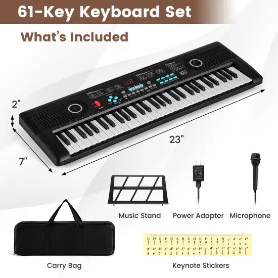 Black Electric 61-Key Keyboard Piano with Microphone, Power Adapter, and Accessories {3}