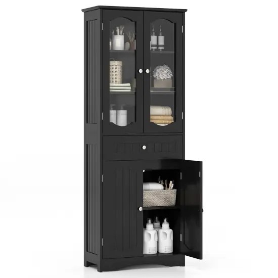 63 Inch Tall Freestanding Bathroom Storage Cabinet with 3-Position Adjustable Shelves and 2 Glass Doors Black {4}