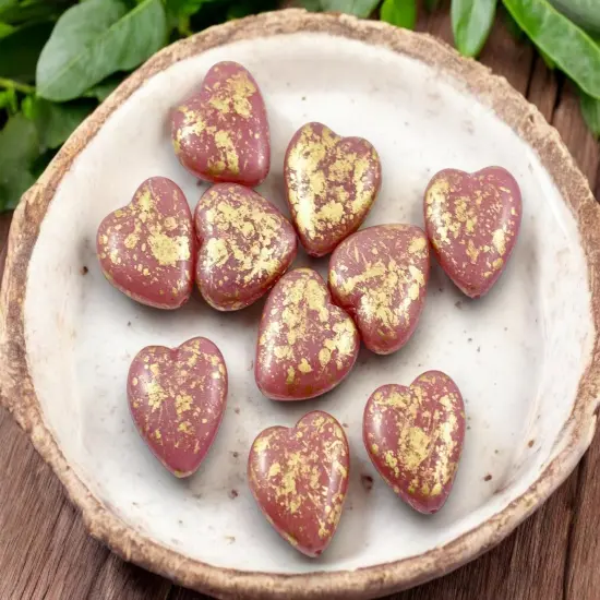 *10* 14mm Gold Splattered Mauve Pink Heart Beads {4}