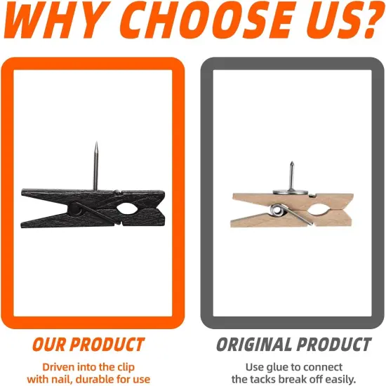 50-Pack Black Push Pins with Spring-Loaded Wooden Clips, Damage-Free Cork Board Tacks for Artwork, Photos & Notes (No-Mark Design) {3}