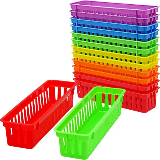 4E's Novelty 12 Pack Pencil Holder for Kids Desk, Colorful Plastic Pen Baskets Tray for Organizing Classroom Supplies, Plastic Caddy for Desk and Elementary Teacher Supplies for Classroom {1}