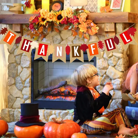Thankful Burlap Banner Fall Autumn Maple Leaves Rustic Burlap {4}