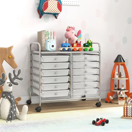 12 Removable Drawers Rolling Storage Cart with 4 Universal Wheels and Metal Frame Transparent {6}