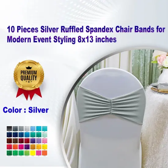 10 Pieces Silver Ruffled Spandex Chair Bands for Modern Event Styling 8x13 inches {1}