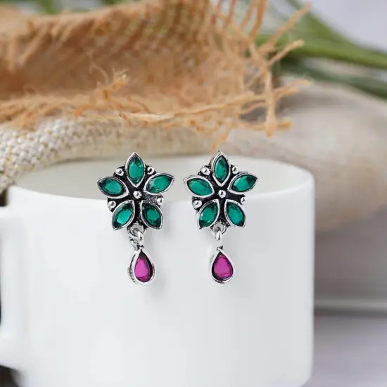 Indian Flower Stud Earrings For Women - Faux Pearl Tassel Round Earrings Small Tops Earring Bollywood Style Dangle Drop Earring Chandelier Jhumki Jewelry for Bride - Birthday Gift for Her Ruby {7}