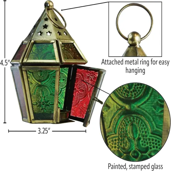 In the Breeze 9207 &mdash; Red, Yellow & Green Mini Hex Tealight Lantern &mdash; Moroccan-Style Boho Chic Tealight Glass and Metal Tabletop Lantern {5}