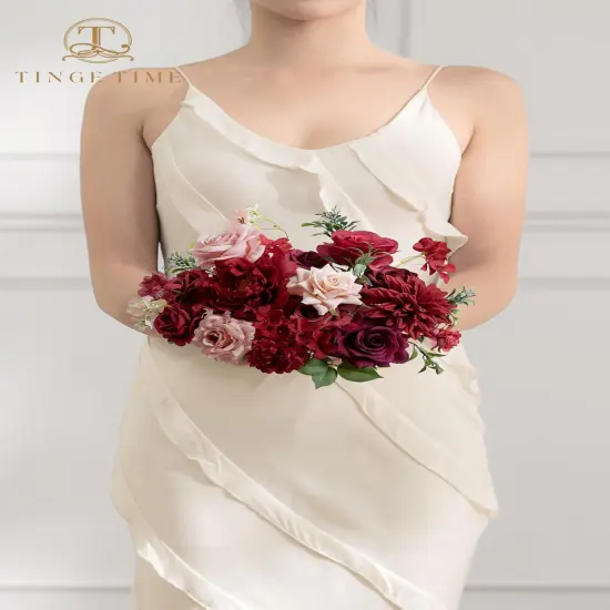 Burgundy Artificial Flowers Combo Box Set, Silk Dahlia Fake Roses with Stems {6}