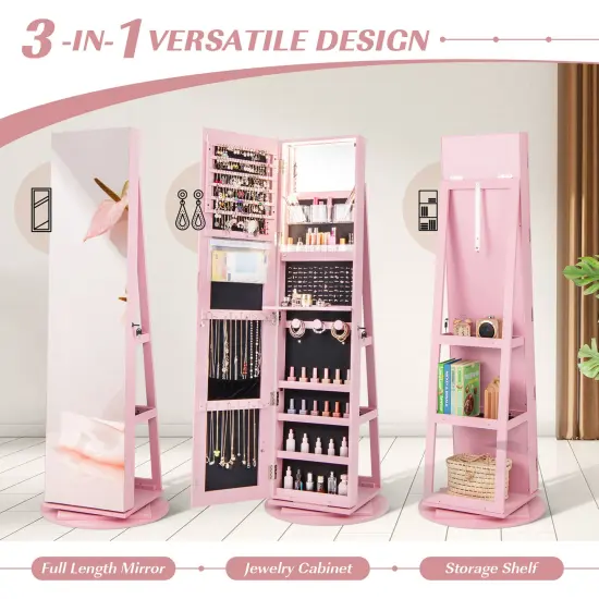 Pink MDF Freestanding Jewelry Armoire with Mirror, LED, Tray and Storage {4}