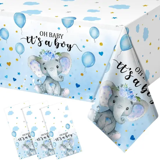 3 Pack Elephant Baby Shower Tablecloth Decorations-54 x 108 Inch, Blue {1}