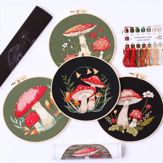 REEWISLY 4 Pcs of Embroidery Starter kit with Patterns and Instructions, DIY Adult Beginner Embroidery Kits, Including 2 Plastic Embroidery Rings, 1 Pair of Scissors, Colored Threads and Needles {1}