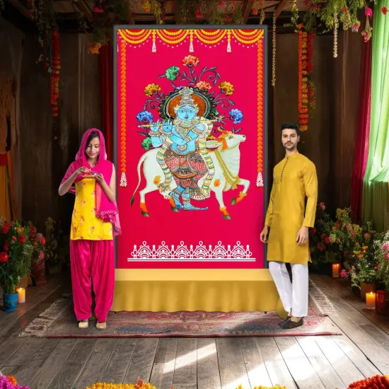 Krishna with Cow Backdrop Indian Traditional Rani Cloth 5x8 Feet Backdrop Pooja Wall Decor Indian Wall Art Photo Decor Banner Indian Wedding Favor Decorative Cloth {1}