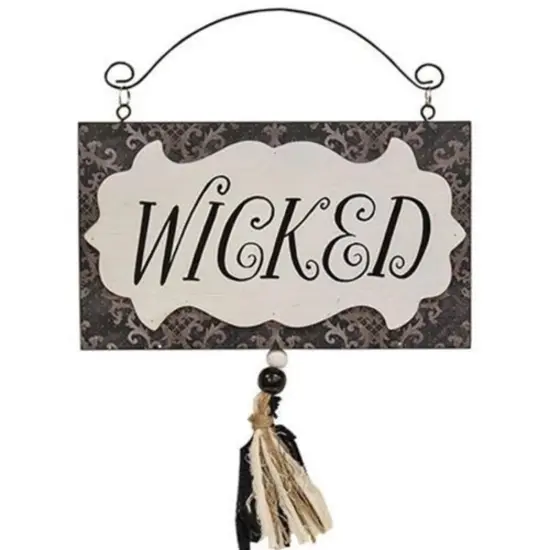 Spooky Wicked Halloween Wall Decor Damask Wooden Sign with Tassel for Home or Door Display {1}