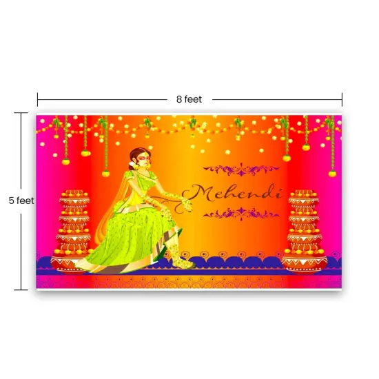 Mehendi Ceremony Backdrop Indian Traditional Cloth 5x8 Feet Backdrop Mehendi Banner Indian Wall Art Photo Decor Banner Indian Wedding Backdrop Decorative Mehendi Stage Cloth {4}
