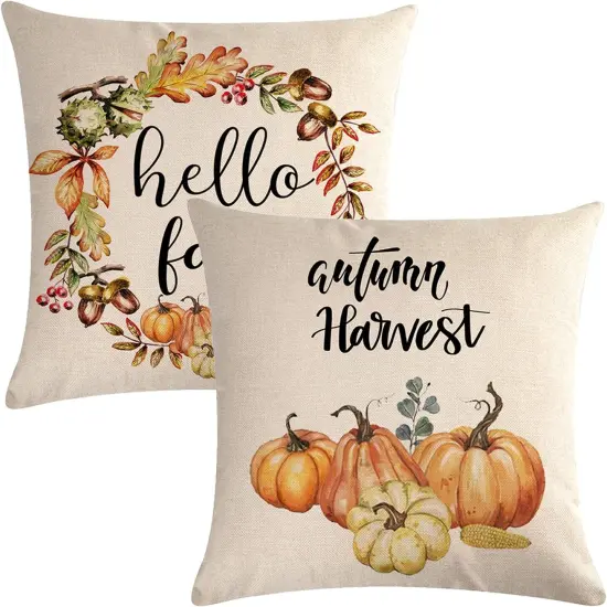 Set of 2 Autumn Decorations Pumpkin Pillow Covers 20" x 20 {1}