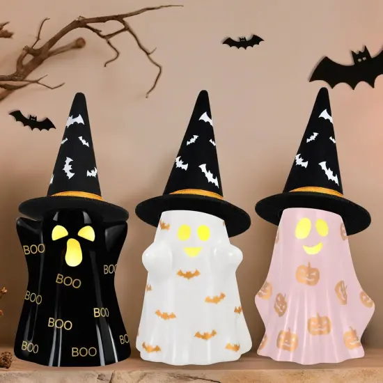 Set of 3 Ceramic Halloween Ghosts with Witch Hats {1}