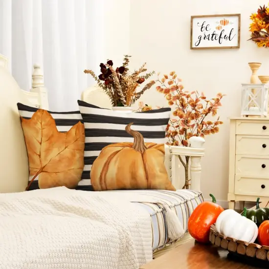 Set of 4 Fall Pumpkin and Maple Leaves Striped Pillow Covers 20 x 20 Inch {3}