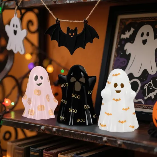 Set of 3 Ceramic Halloween Ghosts with Witch Hats {3}