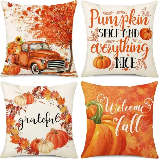 Set of 4 Fall Orange Truck Pumpkin Pillow Covers 20x20 {1}