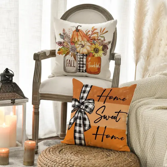 Set of 4 Fall Pumpkin Home Sweet Home Throw Pillow Covers 18 x 18 Inch {4}