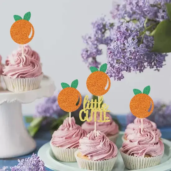 24 PCS Little Cutie Cupcake Toppers Glitter Orange Cupcake {5}