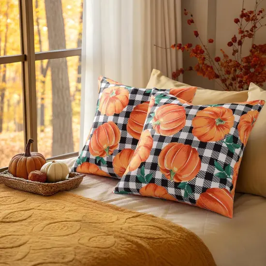 Set of 2 Fall Orange Pumpkin Decorative Throw Pillow Covers 20x20 {5}