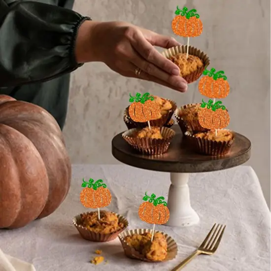 24Pcs Pumpkin Cupcake Toppers Glitter {5}