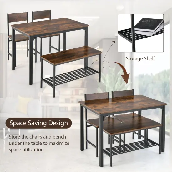 Costway 4pcs Dining Table Set Rustic Desk 2 Chairs & Bench with Storage Rack Brown/Grey/Coffee {5}