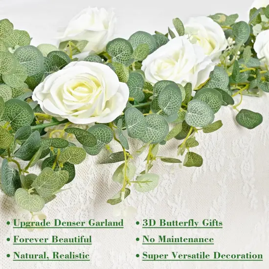 6.4 Ft Fuller White Flower Garland with Butterfly, Artificial Eucalyptus Garland with Flowers Fake Rose Vine Garland for Table Centerpiece Wedding Arch Baby Shower Party Room Backdrop Decor {2}