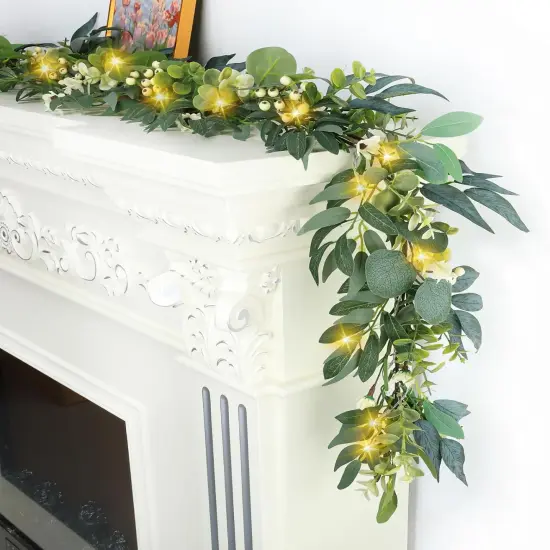 Eucalyptus Garland with Lights - 6 Ft Greenery Garland - Artificial Silver Dollar Olive - Spring/Summer Green for Indoor/Outdoor Home Decor Weddings Arches Backdrops Table Decor {1}