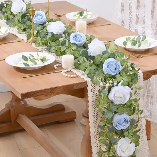 6.07FT Artificial Eucalyptus Garland with Flowers, Fake Rose Gypsophila Floral Garland, Greenery Garland Floral Vines for Wedding Table Backdrop Party Centerpiece Room Decor (Blue) {1}