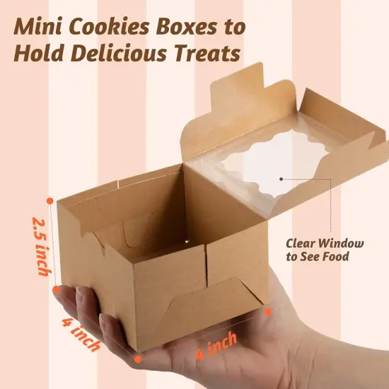 20pcs Brown Cookie Boxes with Window, 4x4x2.5 Inches Small Treat Boxes, Kraft Grease-proof Film Paper Bakery Boxes, Pastry Boxes for Dessert, Strawberries, Cupcake, Gift Giving {2}