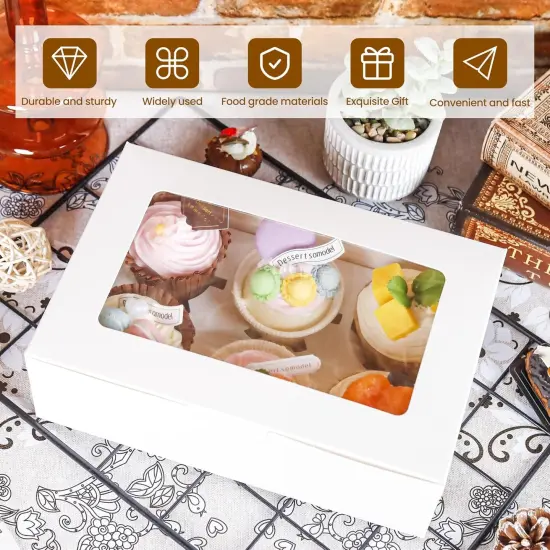 Cupcake Boxes with Inserts 6 Holders, White Standard Bakery Boxes with Window Food Grade Cupcake Containers 6 Count for Muffins, Pack of 15 {4}