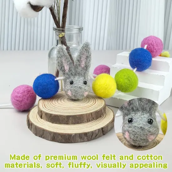 2 PCS Easter Wool Felt Ball Garland Rabbit Carrot Pom Pom Garlands, 6.56 Feet Bunny Hanging Banners, Bunny Wall Decors(White+Grey) {5}