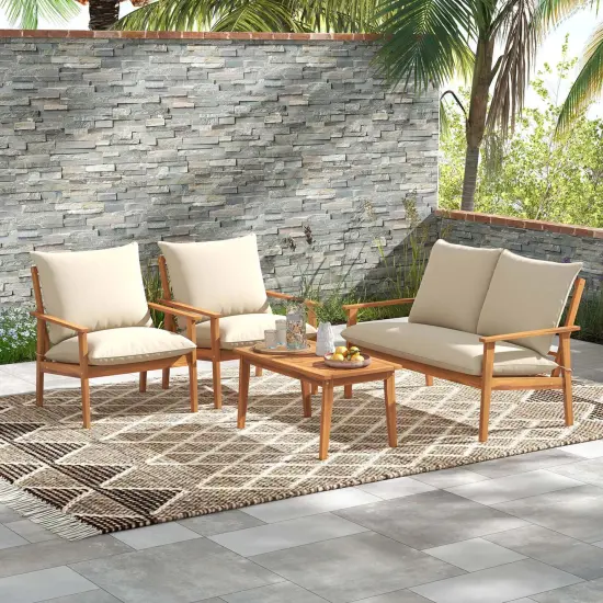 Costway 4 PCS Acacia Wood Patio Furniture Set with Soft Cushions and Coffee Table {1}