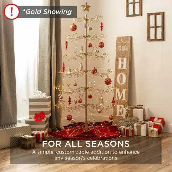 Gold Wrought Iron Ornament Display Christmas Tree Foldable Stand, & Metal Frame for Indoor Holiday Decor Black {9}