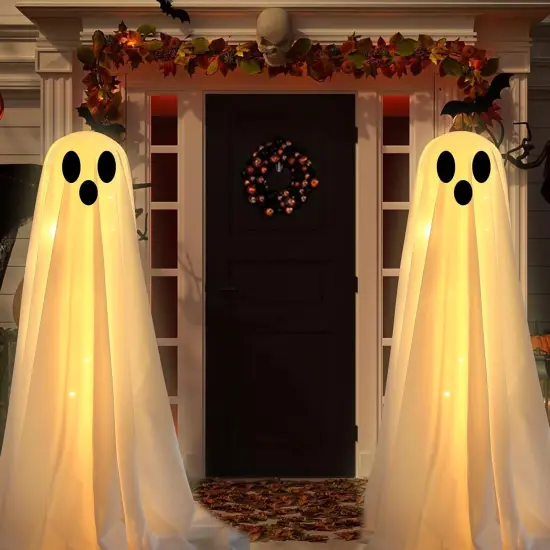 2PCS Large Lighted White Cloth Ghosts with 30 LED String Lights {1}