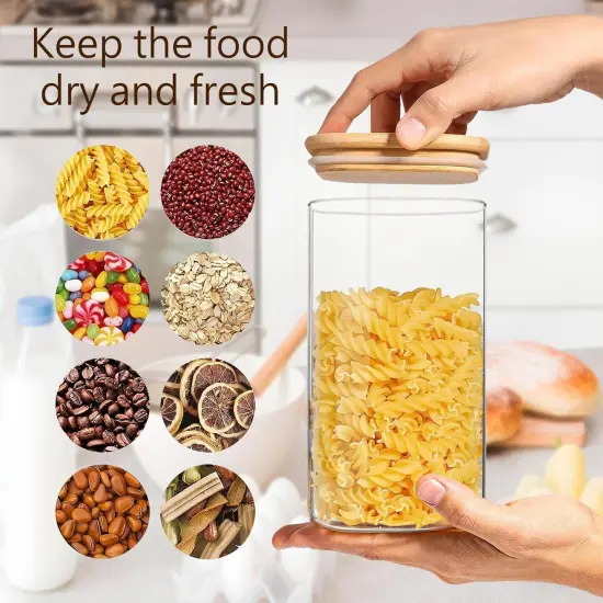 50oz Square Glass Storage Containers with Lids, Clear Food Storage Container Jar with Sealing Bamboo Lid for Noodles Flour Cereal Rice Sugar Tea Coffee Beans,Square Set of 3 {5}