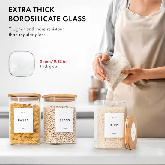Glass Storage Containers with Bamboo Lids 37fl.oz [Extra Thick Glas] with 72 Pantry Labels - Canister For Pantry Noodles Flour Cereal Rice Sugar Tea Coffee Beans - Square Set of 4x {4}