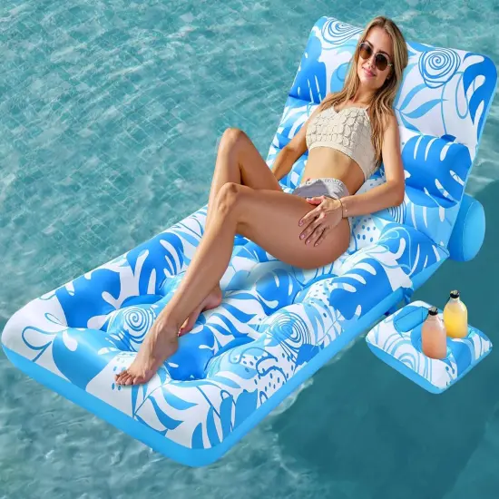 Adjustable Backrest Pool Floats - Tropical Leaves Pool Lounger Floaties Adults with Cup Holders, Inflatable Tanning Float Rafts Chair Beach Lake Lounge {1}