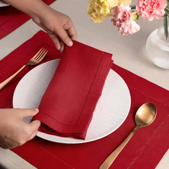 Linen Dinner Napkins 20 x 20 Inch - 100% Pure Linen Red Napkins Set of 4 - Classic Hemstitch - Washable Red Cloth Napkins for Easter {2}