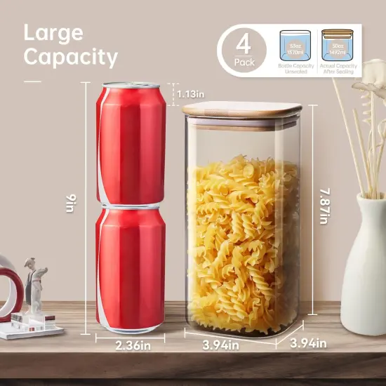 Square Glass Jars with Bamboo Lids 53 FL OZ [Set of 4], Glass Canisters with Airtight Lid, Glass Food Storage Containers for Pasta, Cereal, Coffee, Flour, Sugar, Best for Kitchen & Pantry {1}