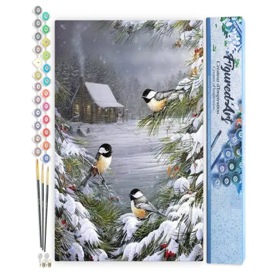 Figured'Art Paint by Numbers for Adults Three Birds in the Snow 16"x20" - Craft Art Painting DIY Kit Rolled Canvas without frame {1}