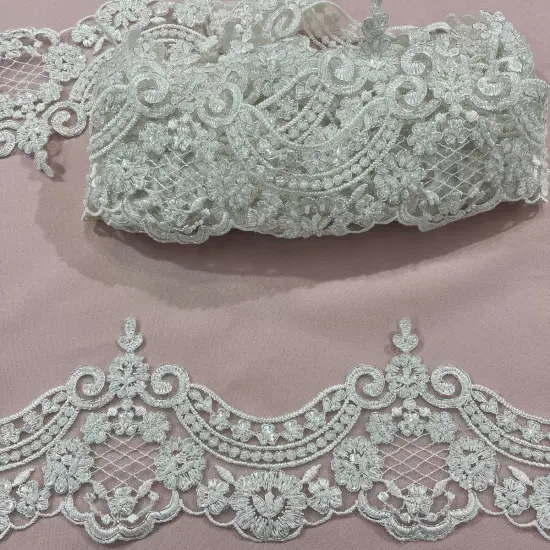 1 Yard Elegant Beaded & Corded Embroidered Lace Trim on 100% Polyester Mesh Rose Gold {2}