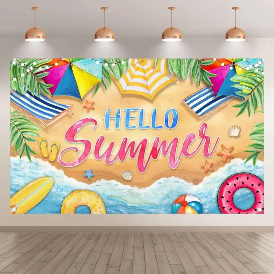 Hello Summer Backdrop Summer Hawaiian Beach Ocean Photography Background Tropical Sea Coastal Banner Party Decorations Photo Booth Props {2}